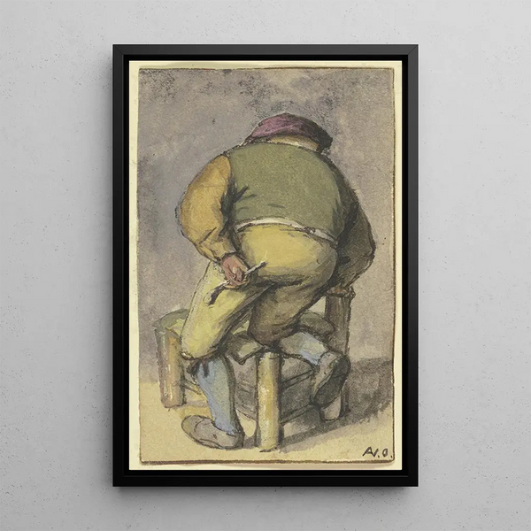 Reproduction of the painting Peasants from behind, kneeling with the right leg on a chair - Adriaen van Ostade
