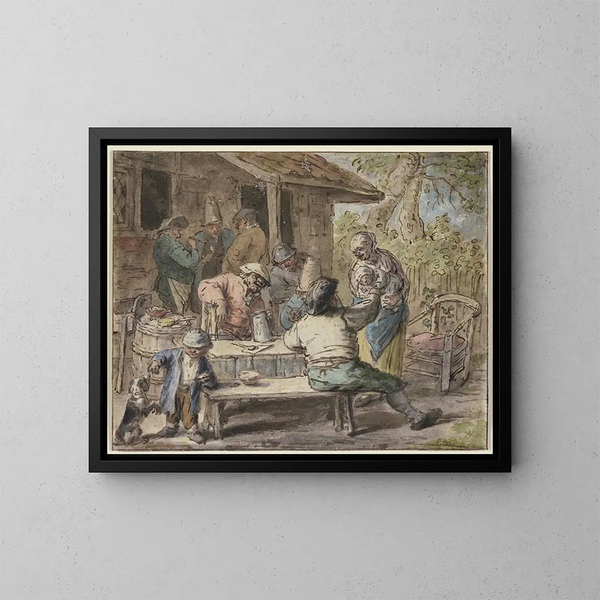 Peasants with Children in Front of a House - Adriaen van Ostade — framed artwork on a wall