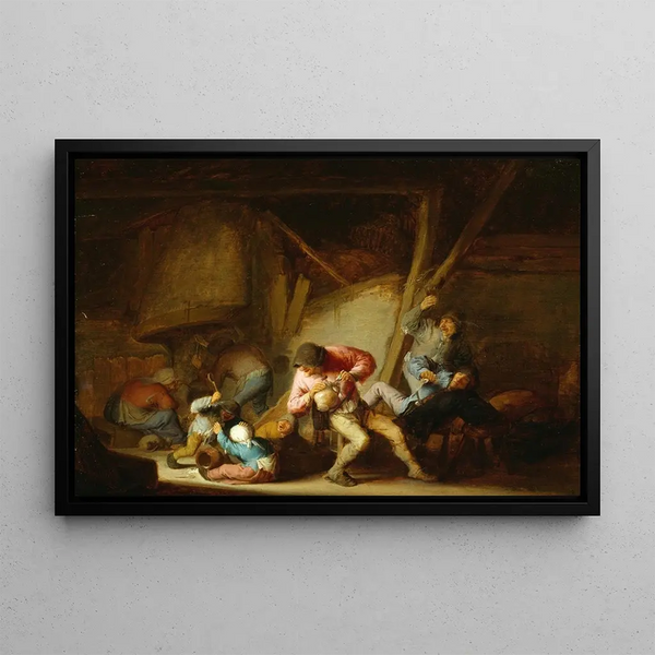 Interior painting with figures drinking and crying children - Adriaen van Ostade — framed artwork on a wall