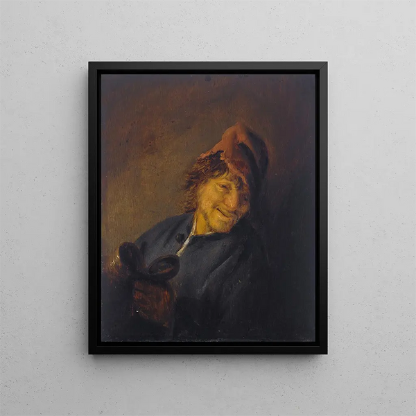 Peasant with a Red Bonnet Holding a Jug - Adriaen van Ostade — framed artwork on a wall