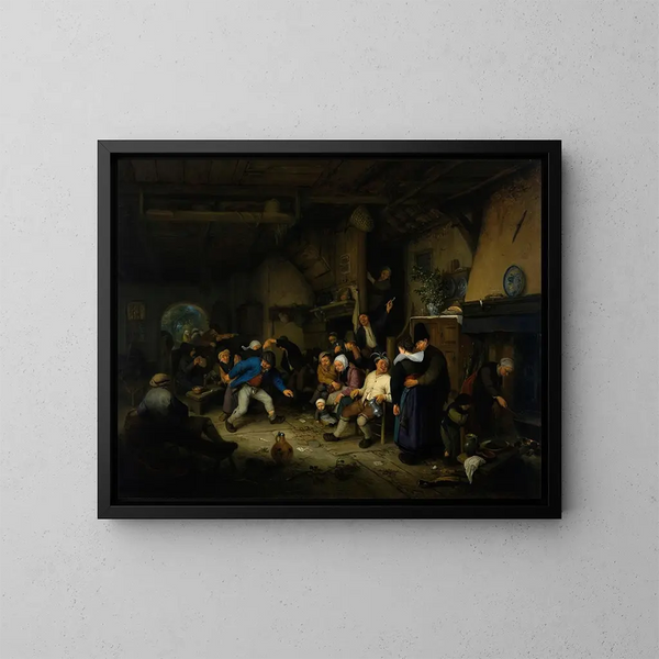 The Peasants Dancing in a Tavern - Adriaen van Ostade — framed artwork on a wall