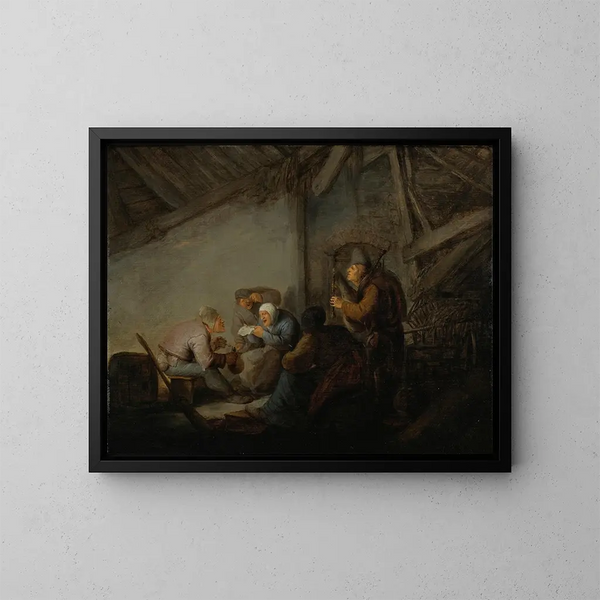Peasants in a tavern, perhaps a depiction of the sense of hearing - Adriaen van Ostade — framed artwork on a wall