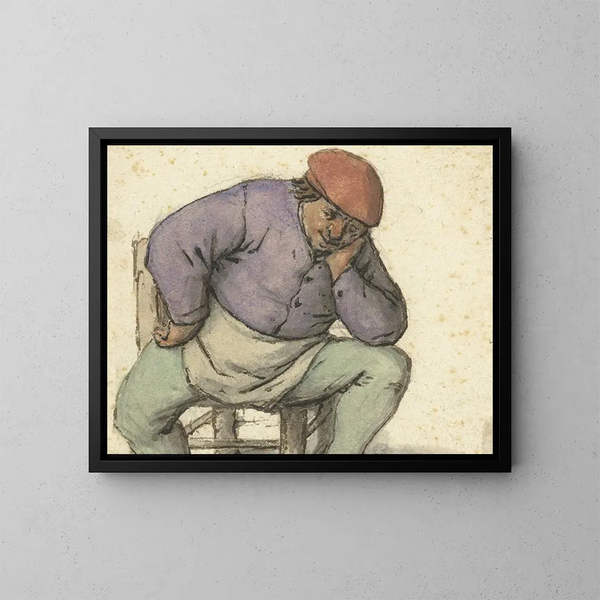 a seated man with his left foot on a stove - Adriaen van Ostade — framed artwork on a wall