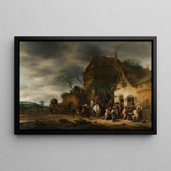 Voyageurs arrêtés à une auberge de campagne - Adriaen van Ostade — framed artwork on a wall