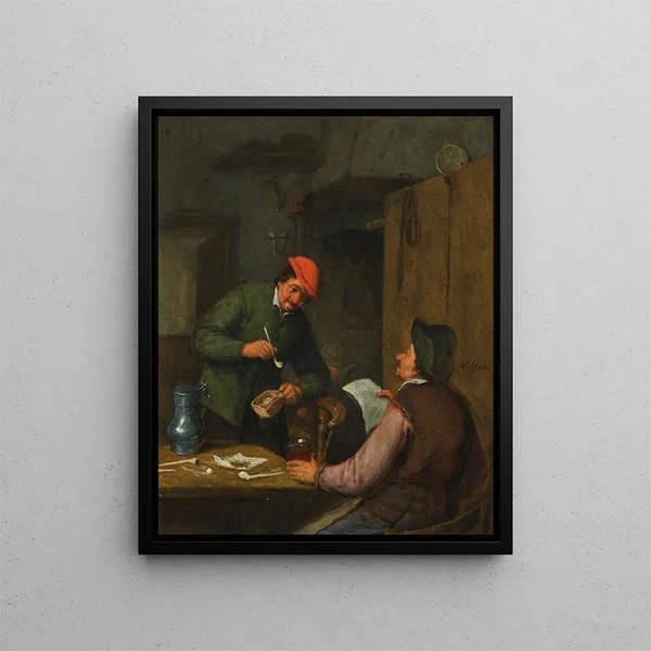 Two peasants smoking, drinking, and reading in an inn - Adriaen van Ostade — framed artwork on a wall