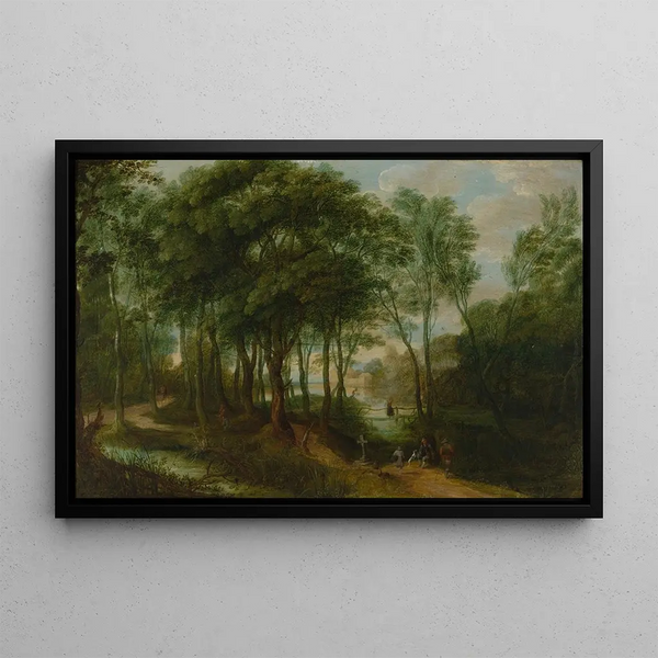 Figures sur un chemin boisé avec un bâtiment derrière - Adriaen van Stalbemt — framed artwork on a wall