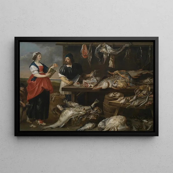 Fishmongers' Stall - Adriaen van Utrecht — framed artwork on a wall