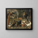 Peacock and peahen on a perch, turkeys, pheasant, and poultry near a well - Adriaen van Utrecht — framed artwork on a wall