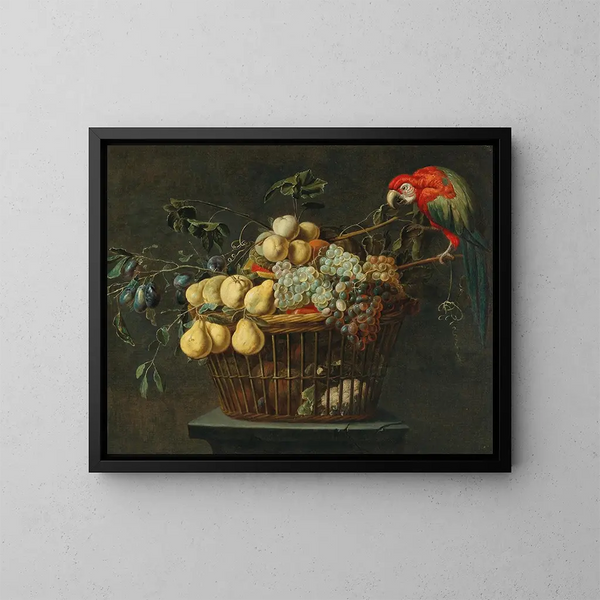 Still life with a basket of fruits and a parrot - Adriaen van Utrecht — framed artwork on a wall