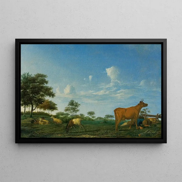 a cow, sheep, and goats in a meadow with a sleeping shepherd - Adriaen van de Velde — framed artwork on a wall