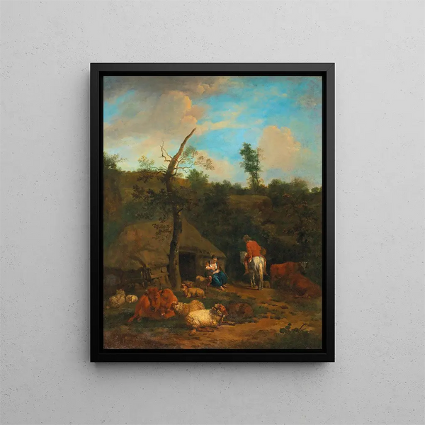 a Shepherd and a Shepherdess in front of a wooden farm - Adriaen van de Velde — framed artwork on a wall