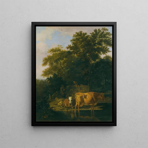 a wooded landscape at dusk with two shepherds, a dog, sheep, and cattle - Adriaen van de Velde — framed artwork on a wall