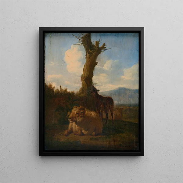 Italian landscape painting with a ram, other sheep, and a dead tree - Adriaen van de Velde — framed artwork on a wall