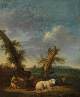 Landscape painting with sheep and a sleeping shepherd - Adriaen van de Velde — artwork view