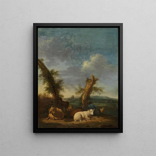 Landscape painting with sheep and a sleeping shepherd - Adriaen van de Velde — framed artwork on a wall