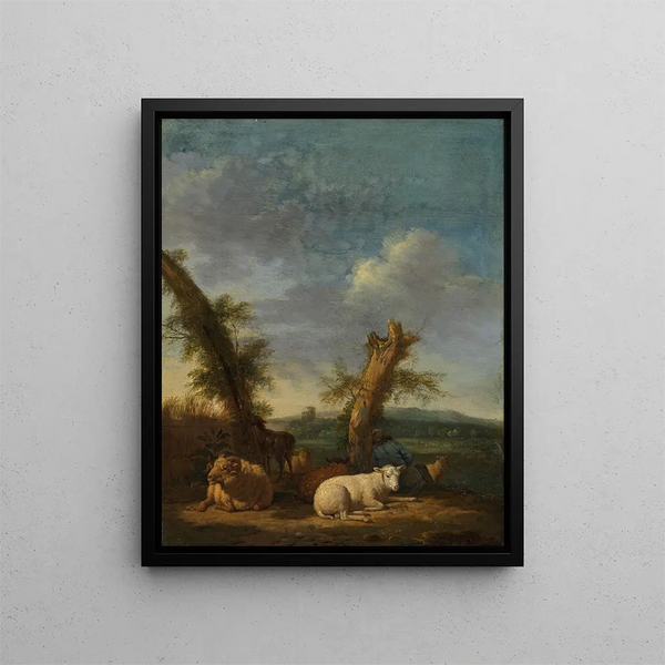 Landscape painting with sheep and a sleeping shepherd - Adriaen van de Velde — framed artwork on a wall