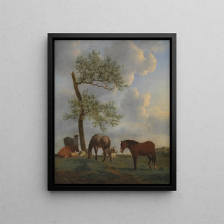 Pasture with horses and cattle - Adriaen van de Velde — framed artwork on a wall