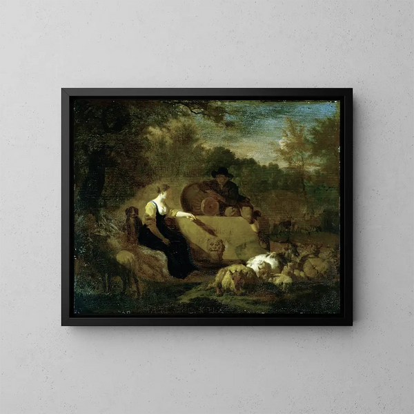 Bergers with their flock near a well - Adriaen van de Velde — framed artwork on a wall