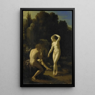 a painting of a nymph dancing to the sound of a shepherd's flute - Adriaen van der Werff — framed artwork on a wall