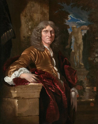 Portrait of a gentleman leaning on a pedestal in front of a park - Adriaen van der Werff — artwork view