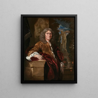 Portrait of a gentleman leaning on a pedestal in front of a park - Adriaen van der Werff — framed artwork on a wall