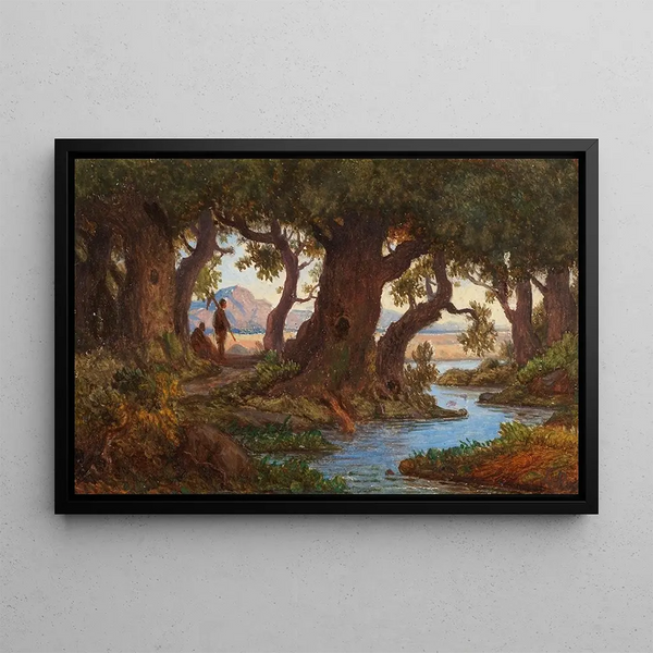 Italian river landscape painting - Adrian Ludwig Richter — framed artwork on a wall
