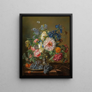 Still life with peonies, roses, tulips, and ranunculus - Adriana Haanen — framed artwork on a wall
