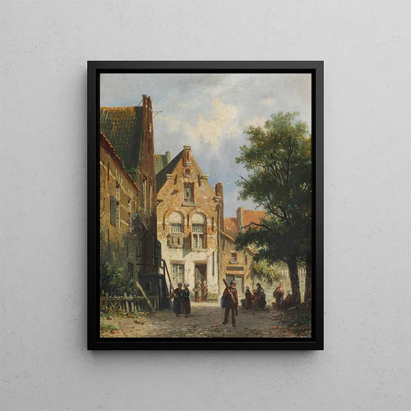 a lively street scene in a Dutch city - Adrianus Eversen — framed artwork on a wall