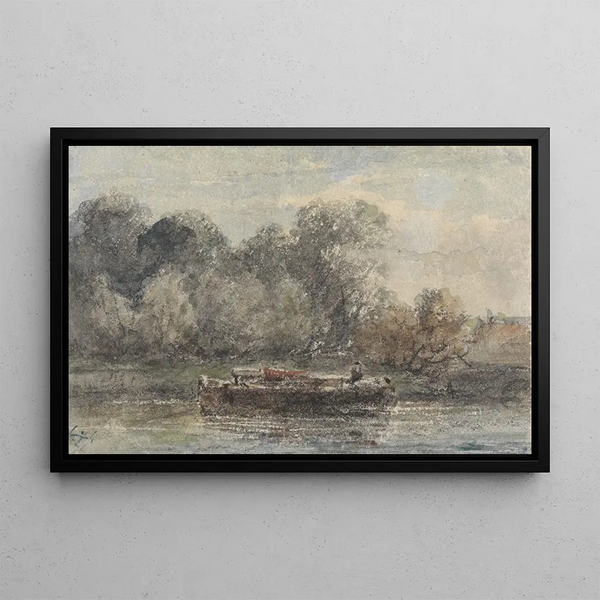 Boat with lowered mast by the water's edge - Adrianus Eversen — framed artwork on a wall