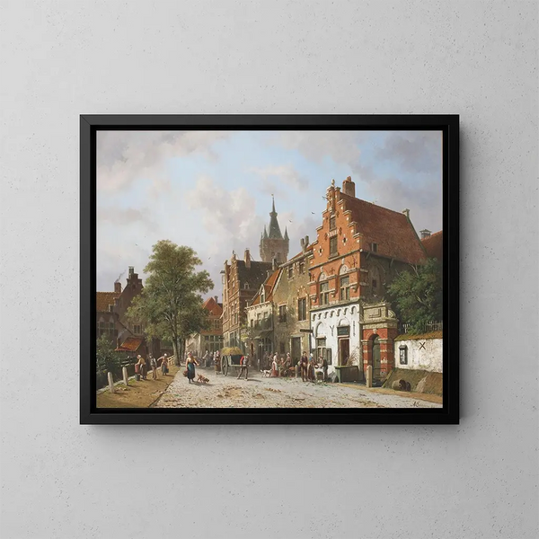 Delft painting with the Prinsenhof in the distance - Adrianus Eversen — framed artwork on a wall