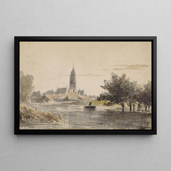 View of a small town from the other side of a river - Adrianus Eversen — framed artwork on a wall