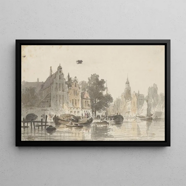 View of a city with canal - Adrianus Eversen — framed artwork on a wall