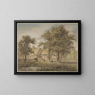 Landscape painting with a farm - Adrianus de Visser — framed artwork on a wall