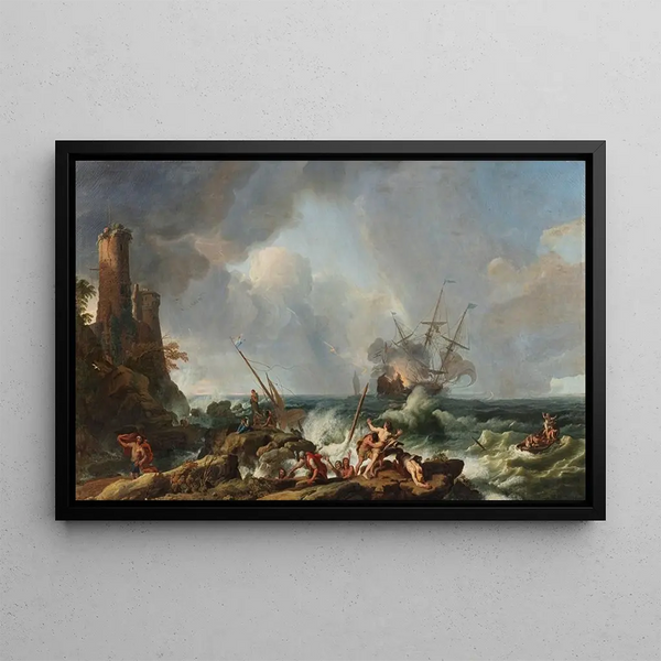 Storm on a Rocky Coast - Adrien Manglard — framed artwork on a wall
