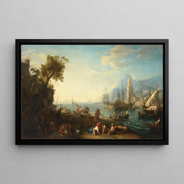 Figures sur un estuaire avec un navire échoué en arrière-plan - Adrien Manglard — framed artwork on a wall
