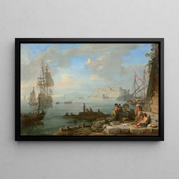 Vue du Castel dell'Ovo dans la baie de Naples - Adrien Manglard — framed artwork on a wall