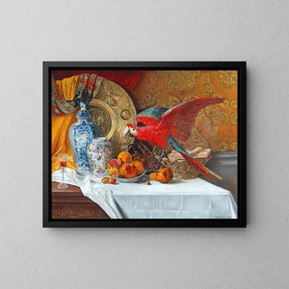 Still life with parrot - Adrien Moreau — framed artwork on a wall