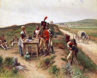 soldiers taking a break near a canteen woman - Adrien Moreau — artwork view