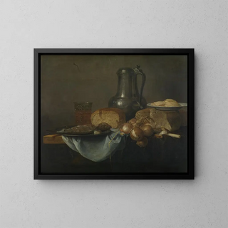 Still life with fish, bread, and onions - Aegidius van Rabel — framed artwork on a wall