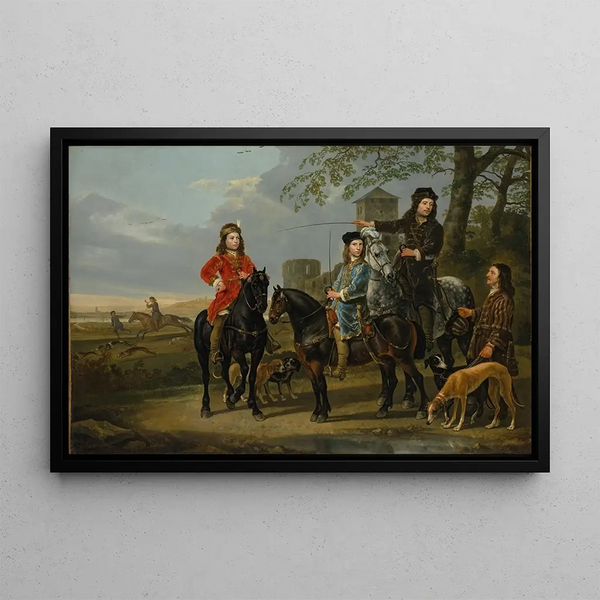 Horse portrait painting of Cornelis 1639-1680 and Michiel Pompe van Meerdervoort 1638-1653 with their preceptor and coachman - Aelbert Cuyp — framed artwork on a wall