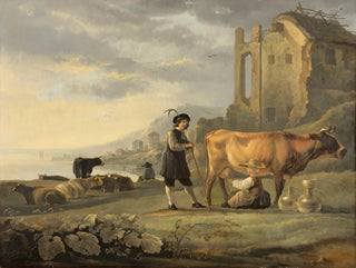 Landscape painting with a milkmaid milking a cow - Aelbert Cuyp — artwork view