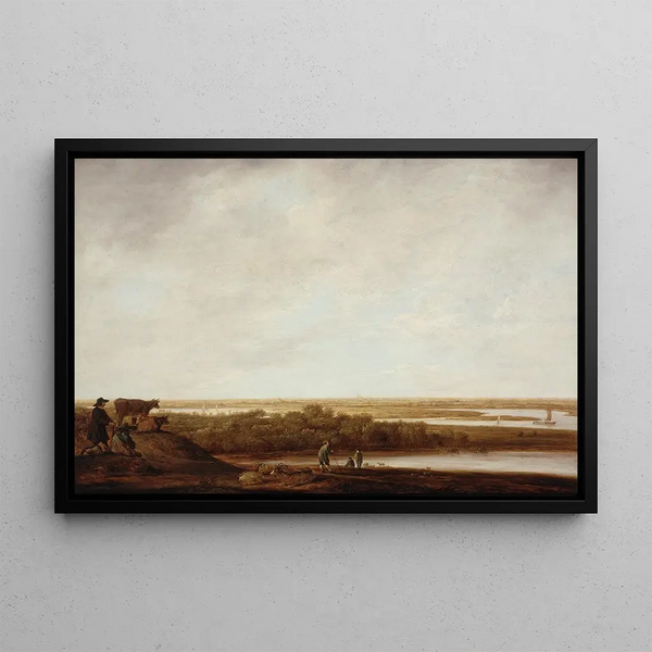 Panoramic landscape painting with shepherds - Aelbert Cuyp — framed artwork on a wall