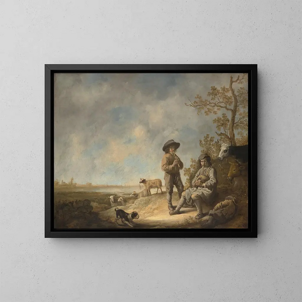 Shepherds playing the flute - Aelbert Cuyp — framed artwork on a wall