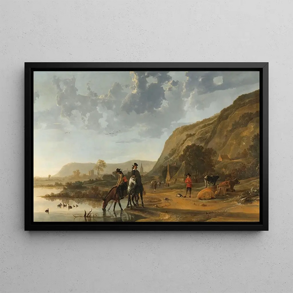 River landscape painting with riders - Aelbert Cuyp — framed artwork on a wall