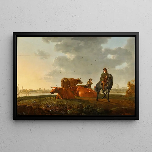 Pasture by the riverbank - Aelbert Cuyp — framed artwork on a wall