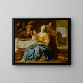 Music Festival in front of a set table with a landscape through a door beyond - Aelbert Jansz van der Schoor — framed artwork on a wall