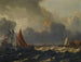 a small sailboat tacking in a strong breeze with a flagship offshore on the left and a quay on the right - Aernout Smit — artwork view
