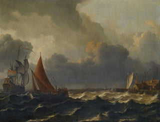 a small sailboat tacking in a strong breeze with a flagship offshore on the left and a quay on the right - Aernout Smit — artwork view