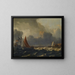 a small sailboat tacking in a strong breeze with a flagship offshore on the left and a quay on the right - Aernout Smit — framed artwork on a wall