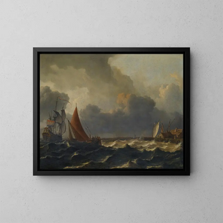 a small sailboat tacking in a strong breeze with a flagship offshore on the left and a quay on the right - Aernout Smit — framed artwork on a wall